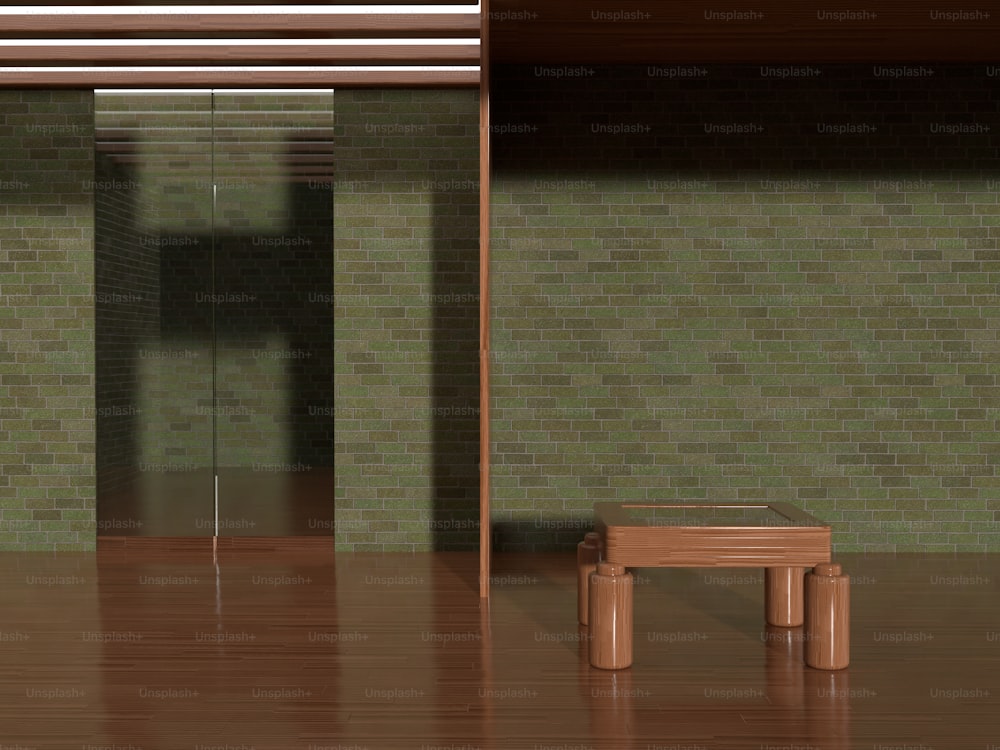 une chambre avec un banc en bois et un mur carrelé