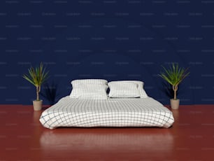 a bed with a checkered comforter and two potted plants