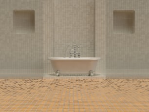 uma casa de banho com banheira e piso em azulejo