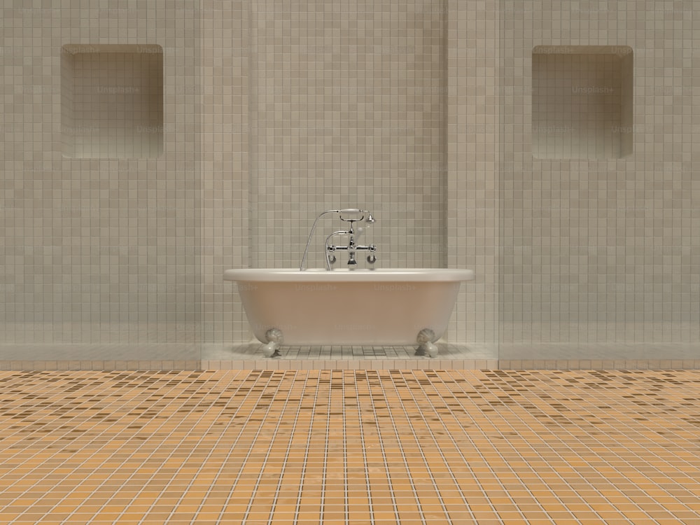 ein Badezimmer mit einer Badewanne und Fliesenboden