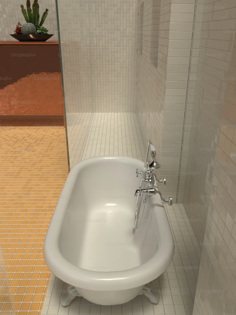 una vasca da bagno bianca seduta all'interno di un bagno