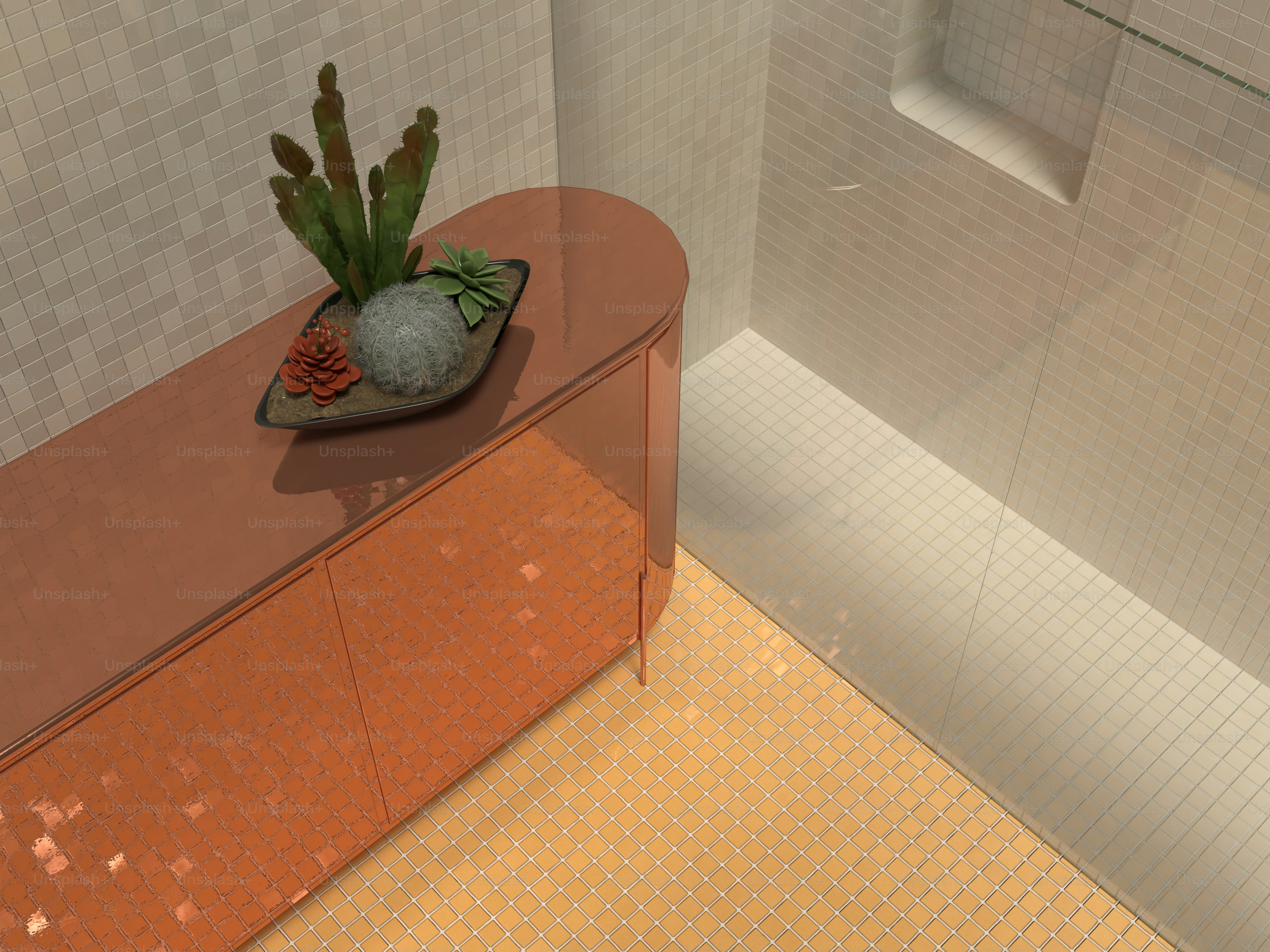 a vase with a plant on top of a counter