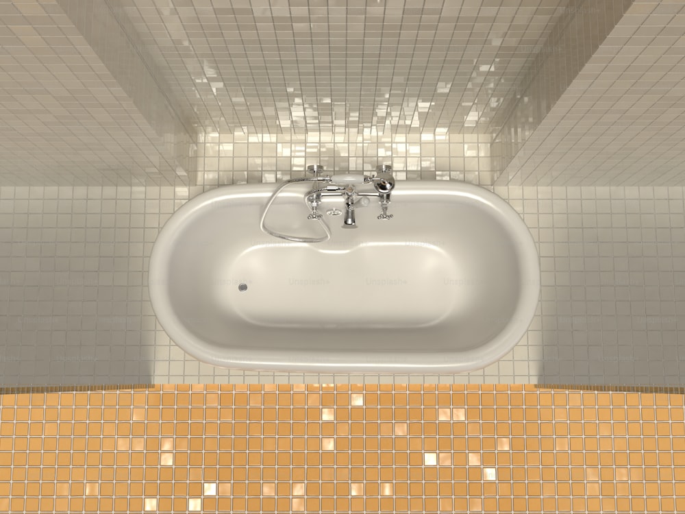 a bathroom with a sink and tiled walls