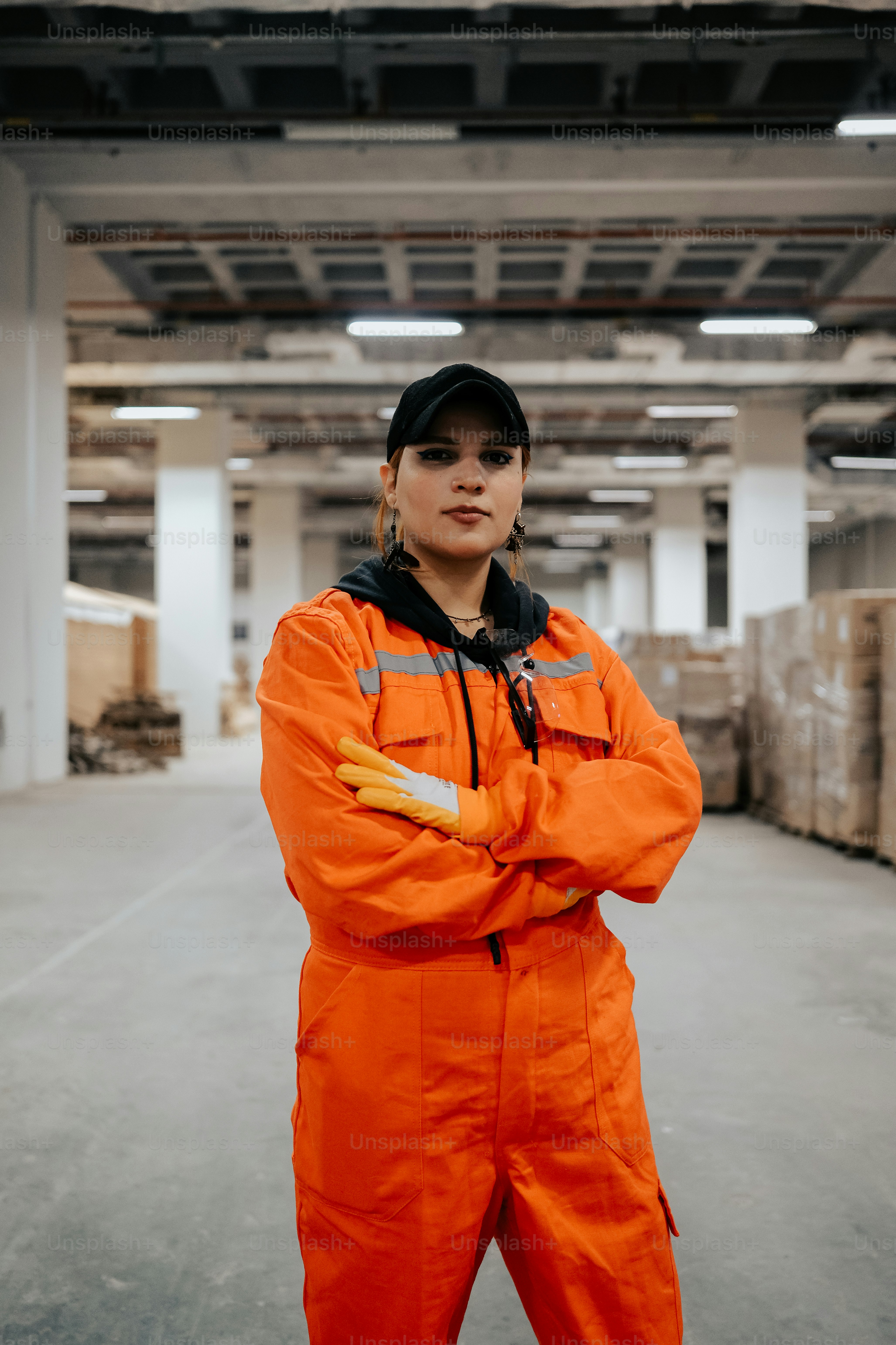 a woman in an orange jumpsuit standing in a warehouse