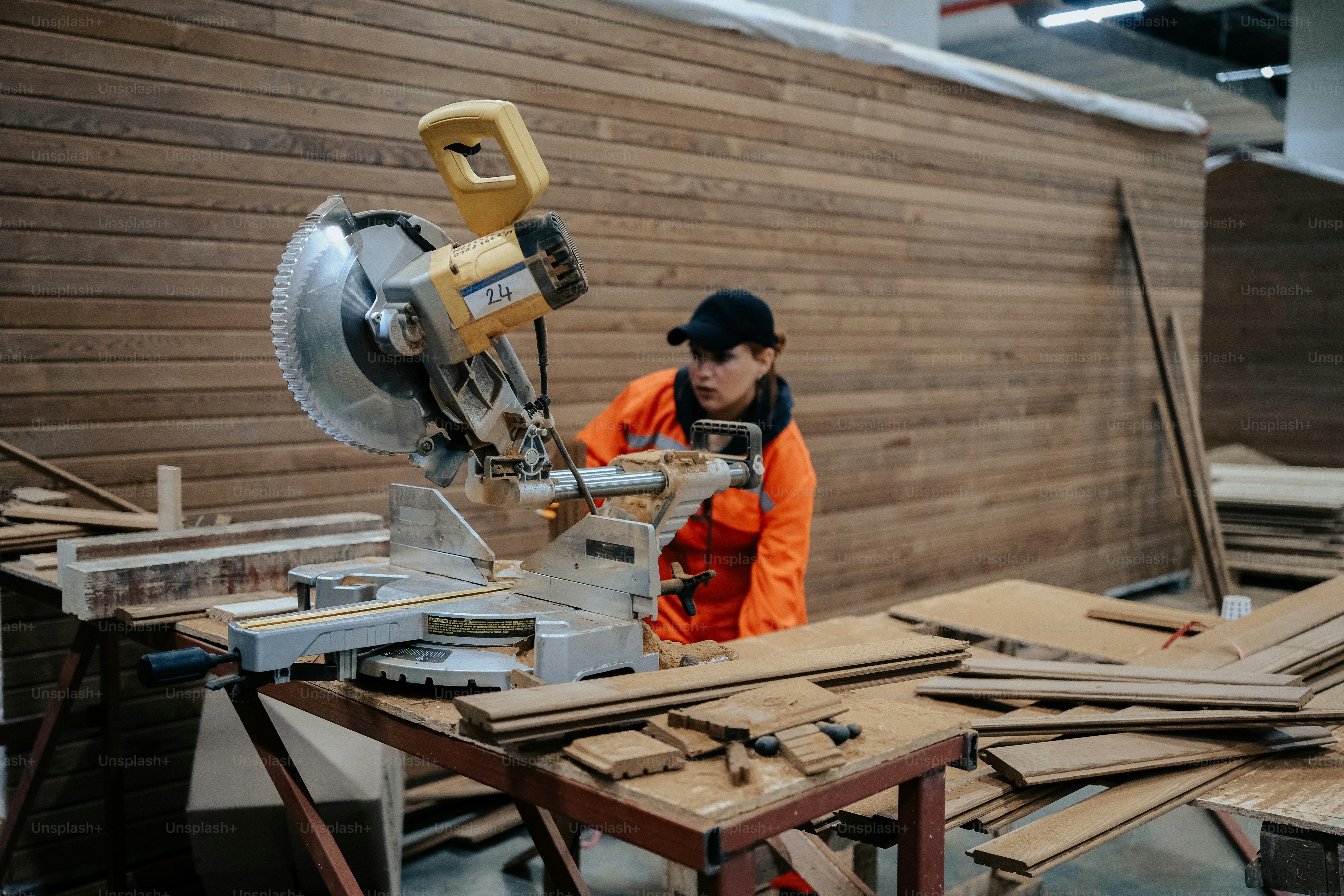 Un hombre con una chaqueta naranja trabajando en una máquina