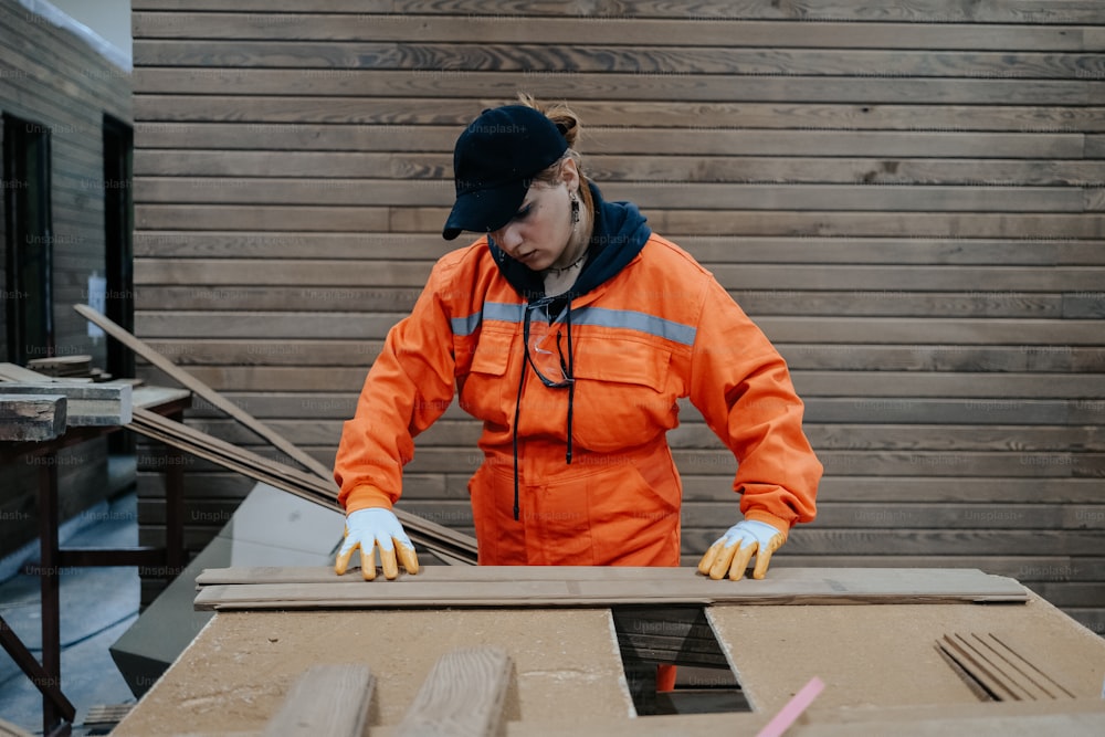 a woman in an orange jacket and gloves working on a piece of wood