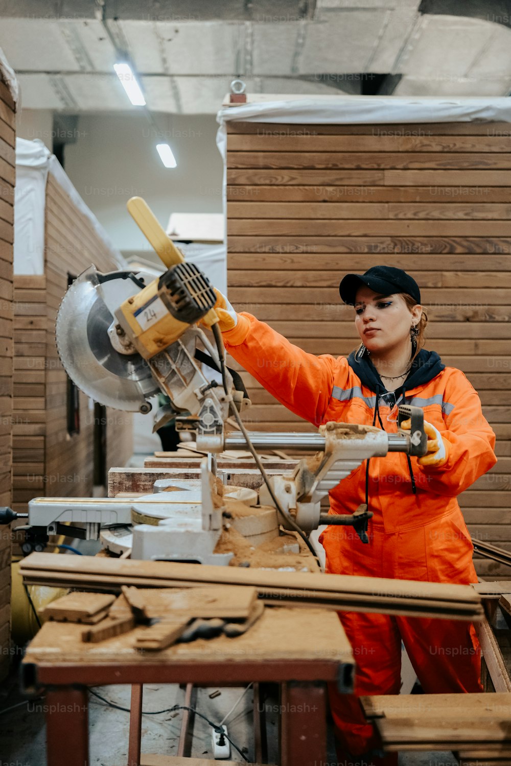 Eine Frau in einem orangefarbenen Overall bei der Arbeit an einer Maschine