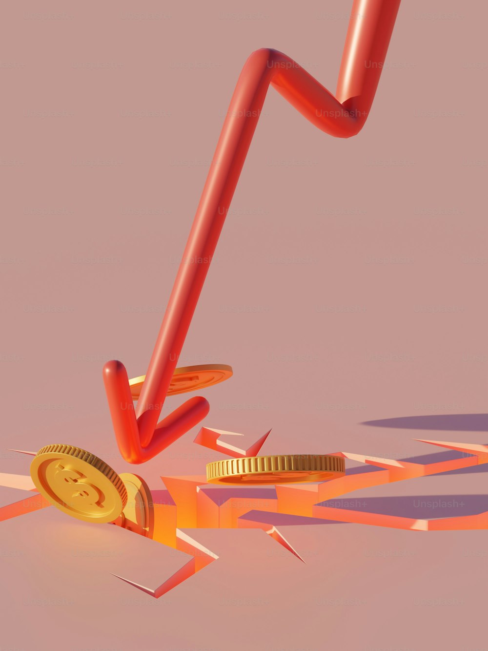 Una pila de monedas sentadas encima de una pila de flechas rojas