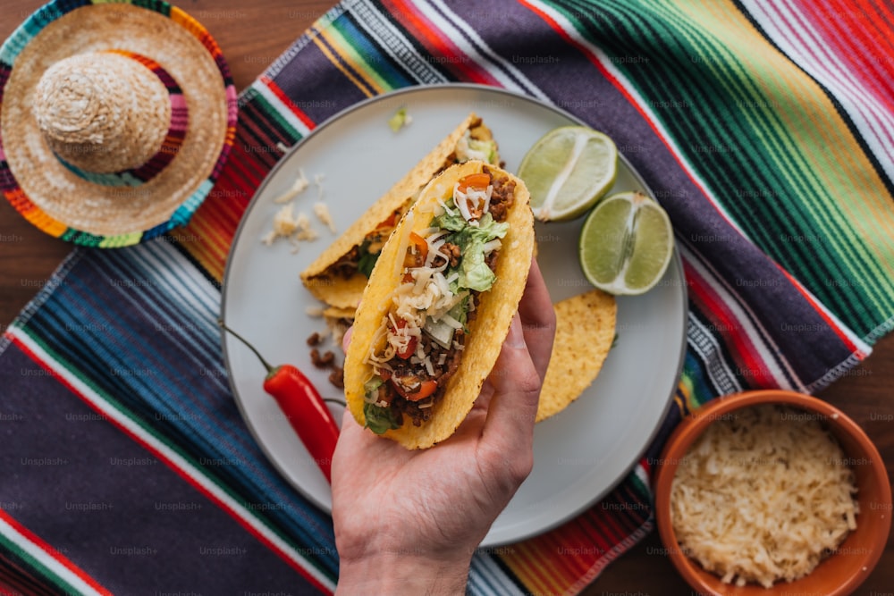 a person holding a taco on a plate