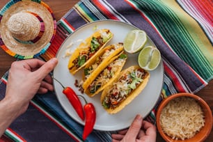 a plate with three tacos and a bowl of rice