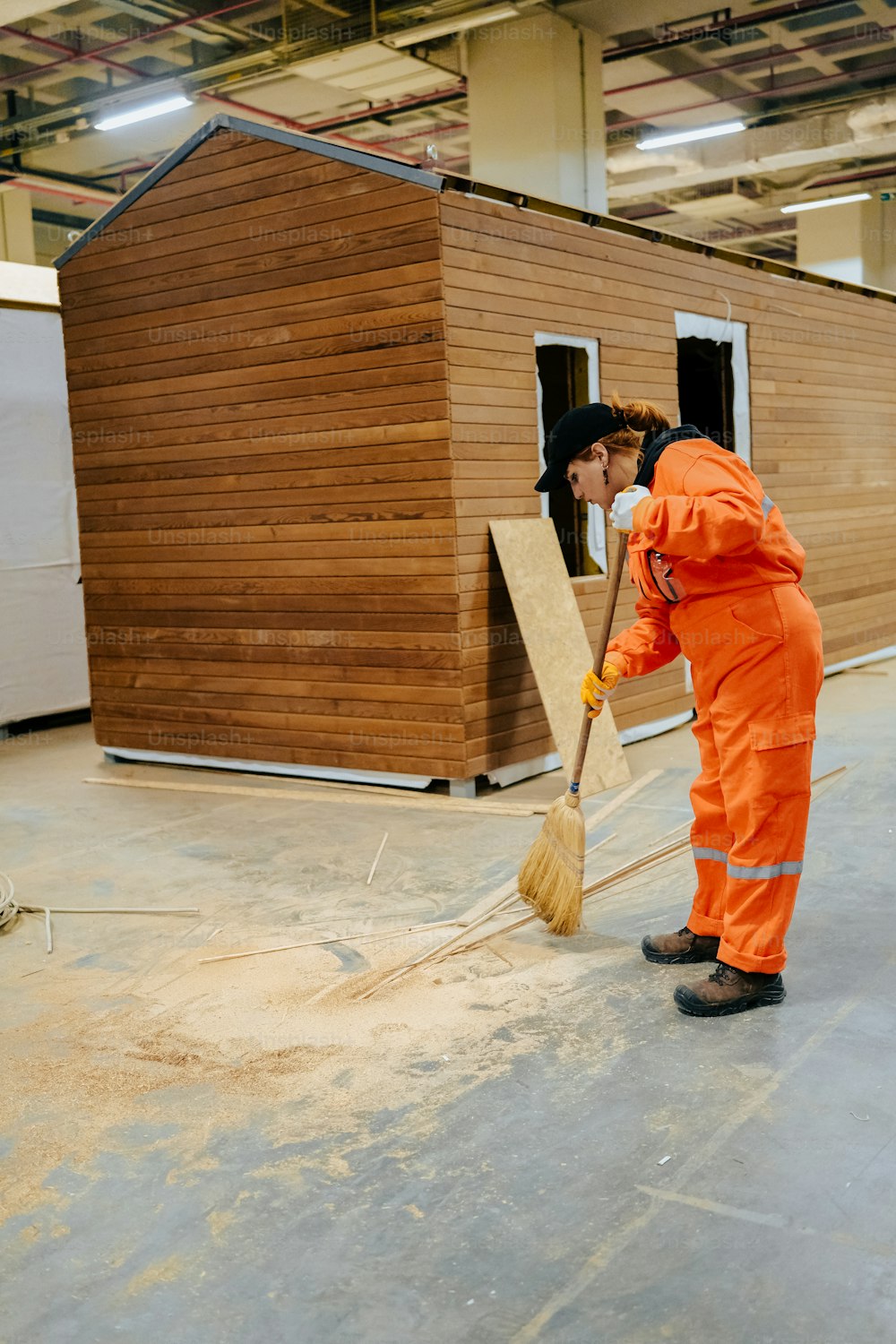 a man in an orange jumpsuit sweeping a floor with a broom
