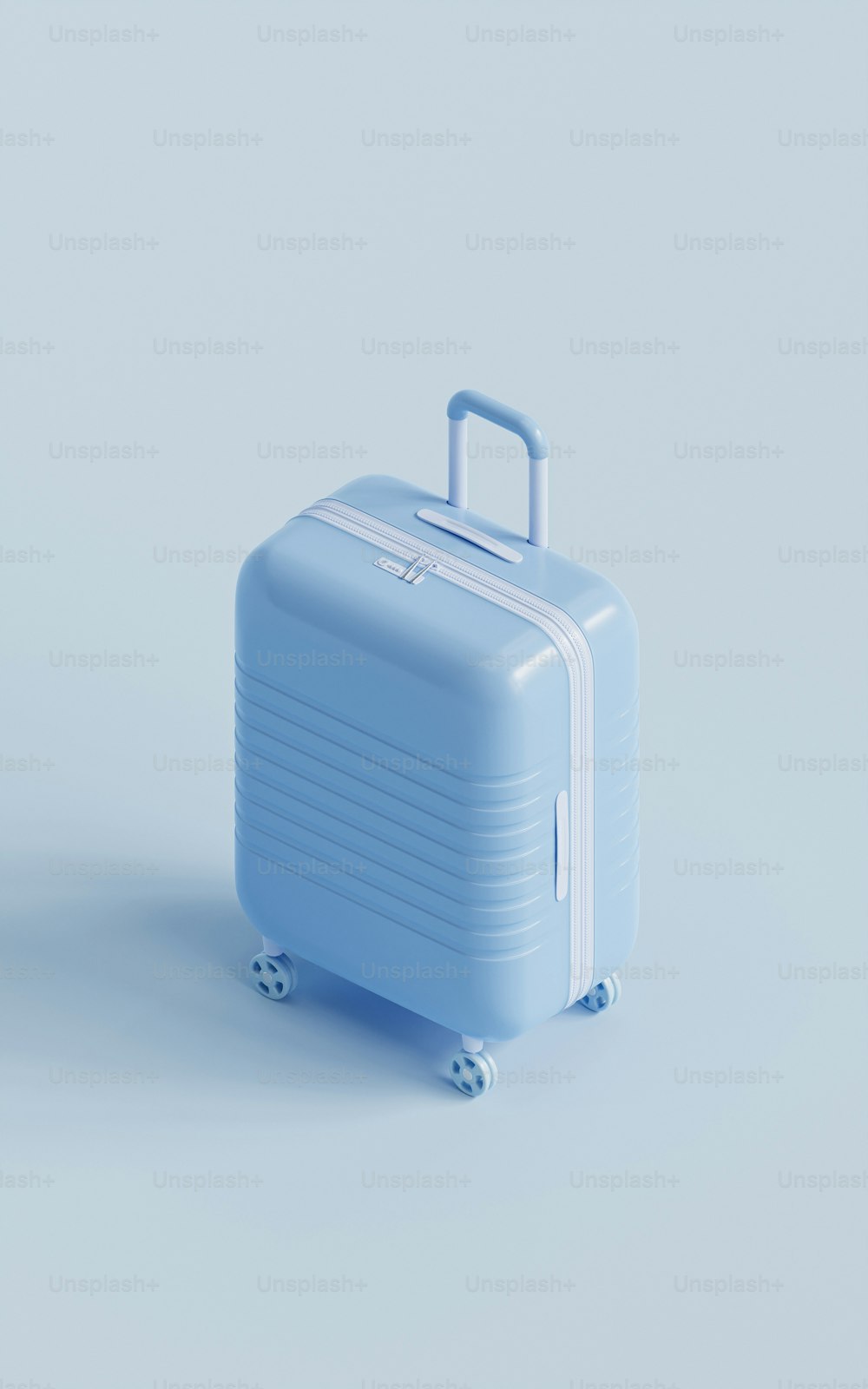 Un bagaglio blu seduto sopra un pavimento bianco