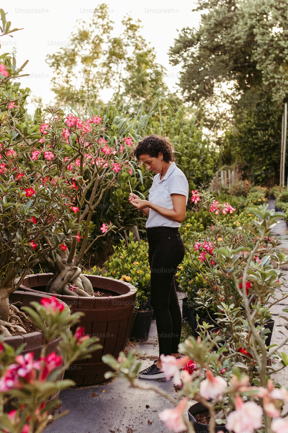 a woman is looking at her cell phone in a garden