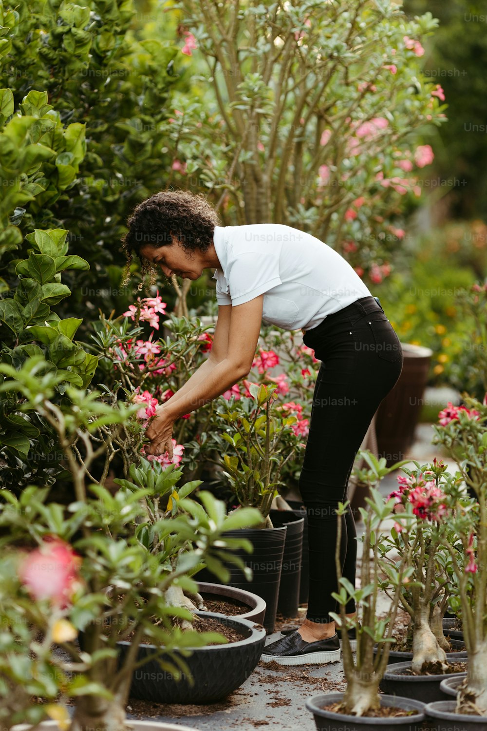 a woman in a white shirt and black pants tending to potted plants