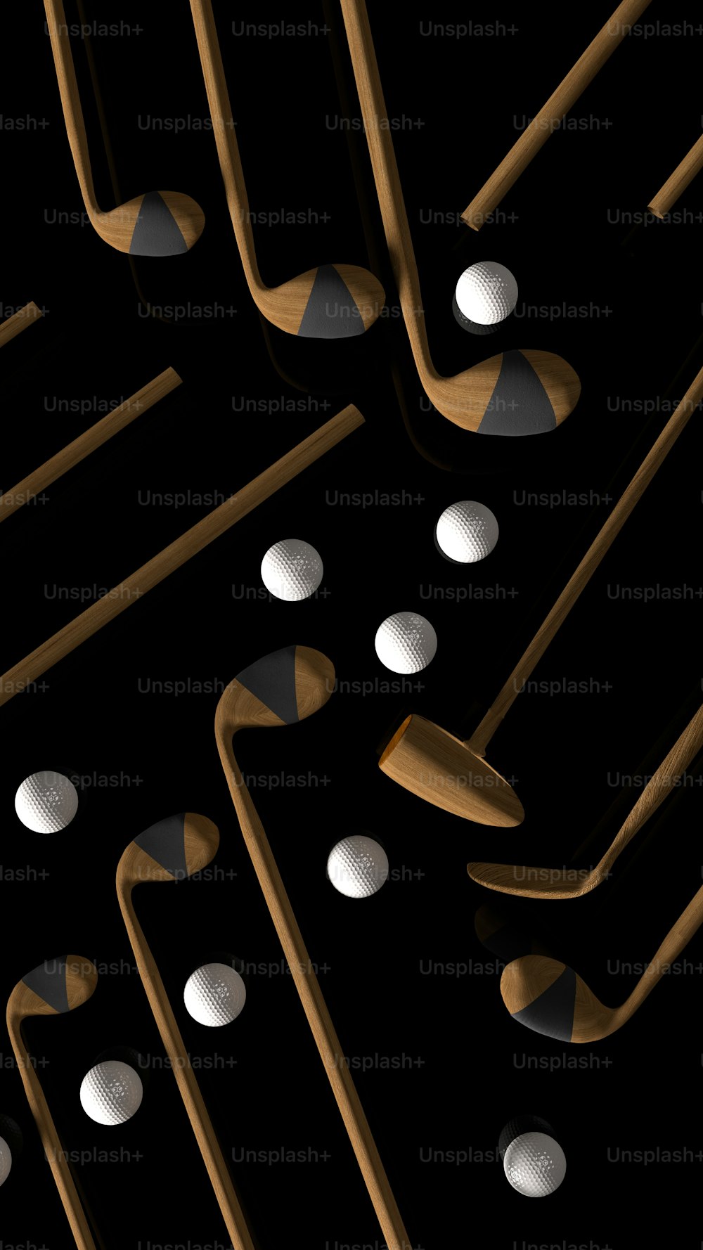 a group of golf clubs and balls on a black background