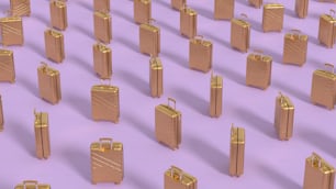 Un grupo de maletas doradas sentadas encima de un piso púrpura