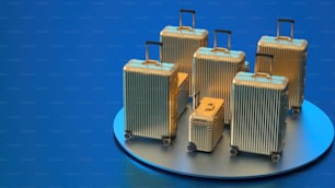 a group of four suitcases sitting on top of a blue plate
