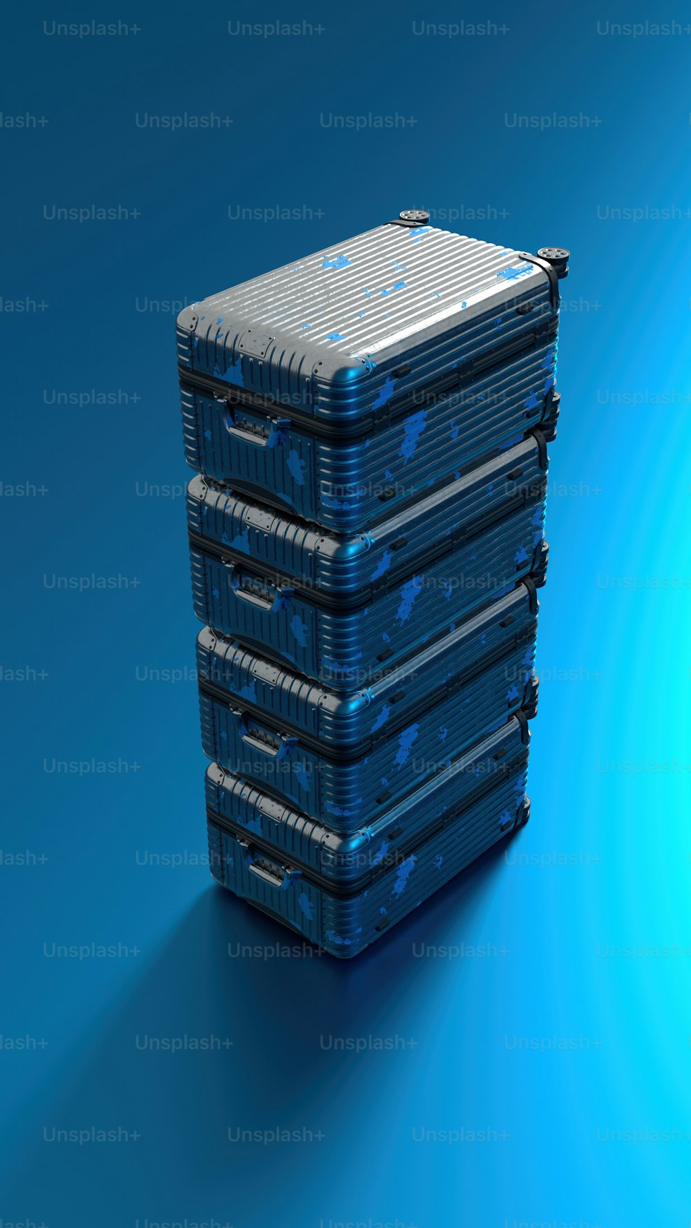 a stack of metal containers sitting on top of a blue floor