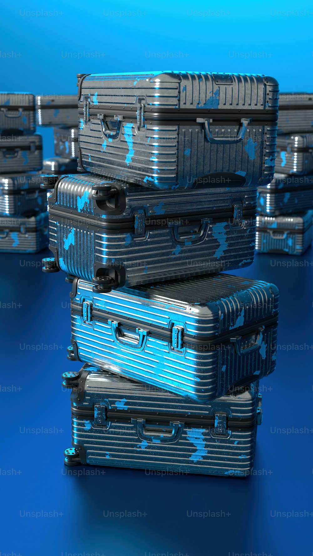 a group of suitcases stacked on top of each other