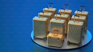 un gruppo di valigie sedute sopra una superficie blu