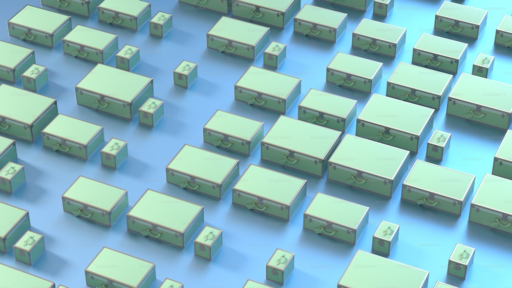 a bunch of boxes that are on a blue surface