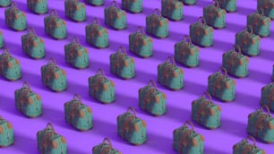 a group of backpacks sitting on top of a purple floor