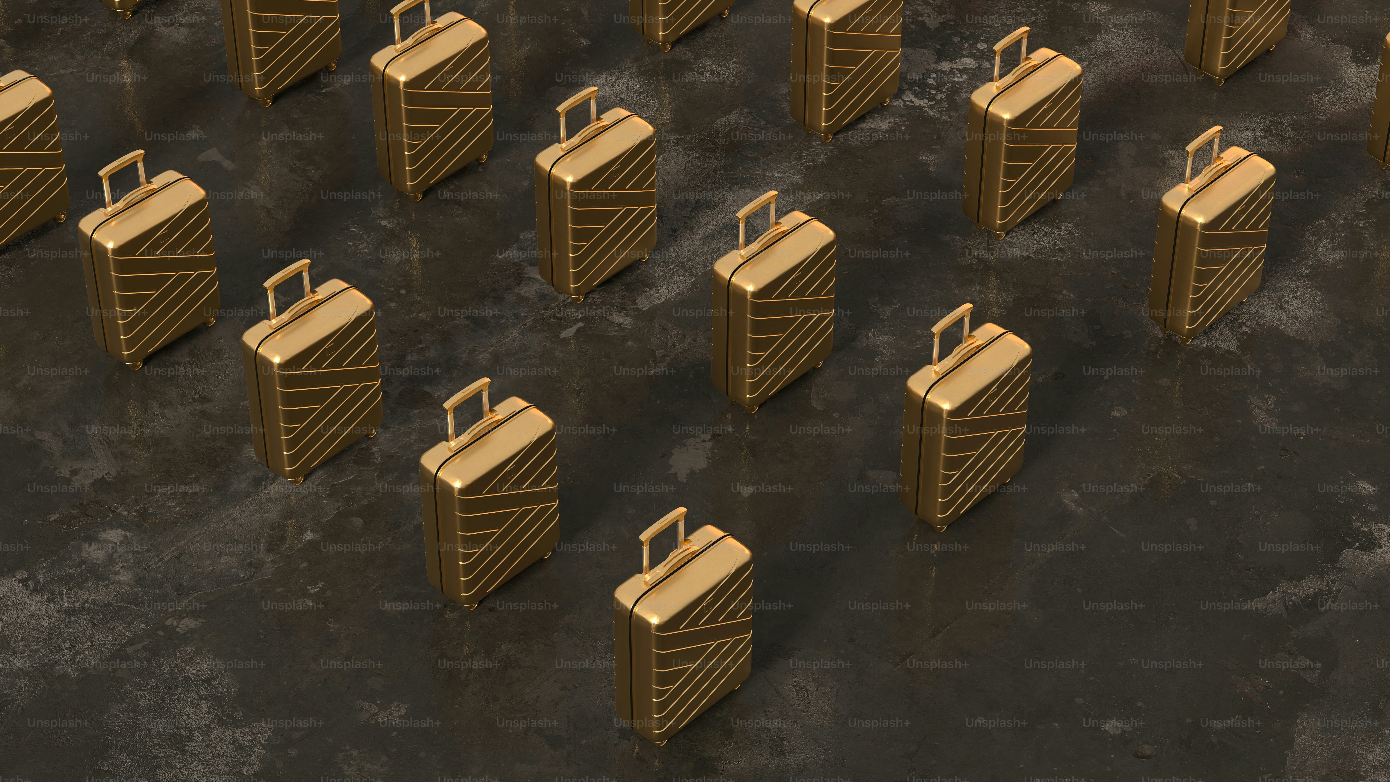 a group of golden suitcases sitting next to each other