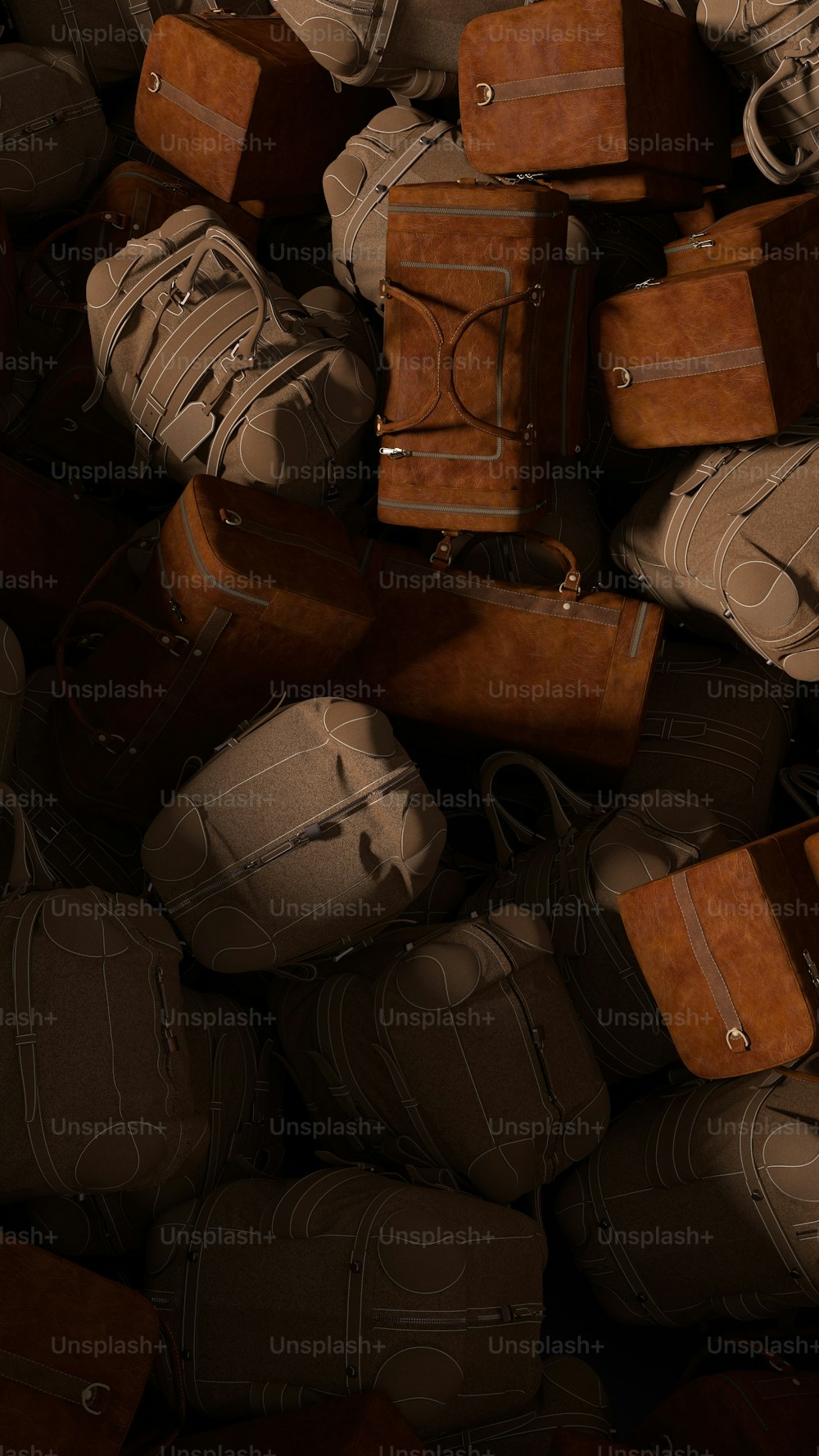 a pile of brown suitcases stacked on top of each other