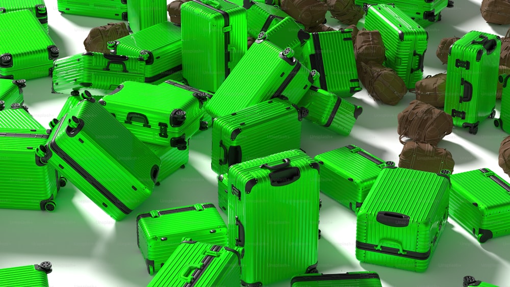 a bunch of green suitcases sitting on top of each other