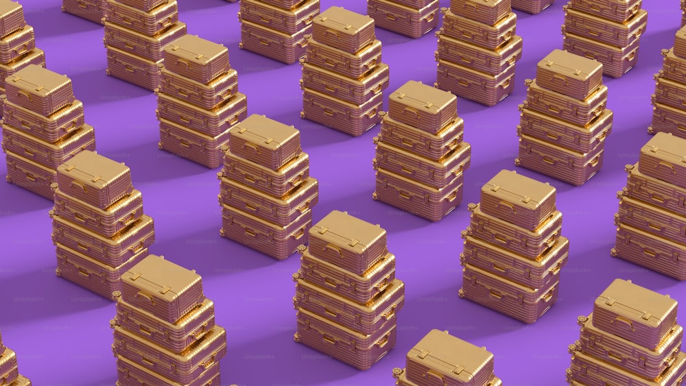 a bunch of stacks of gold boxes on a purple background