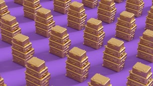 un tas de piles de boîtes en or sur fond violet