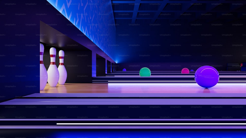 una pista da bowling piena di palle da bowling e birilli da bowling