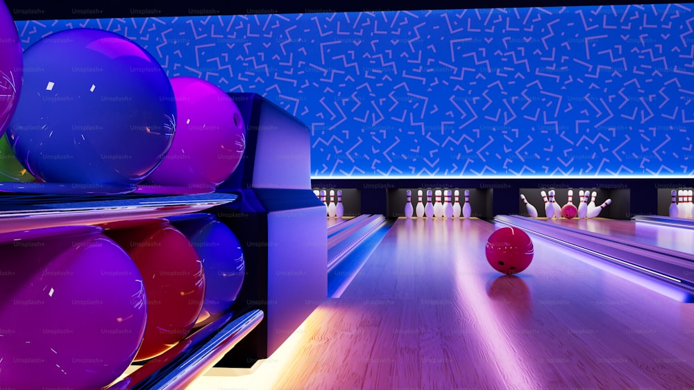 una pista da bowling piena di palle da bowling e birilli da bowling