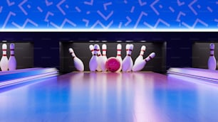 a bowling alley with bowling pins and a bowling ball