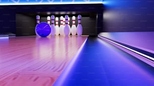 a bowling alley with bowling pins and a bowling ball