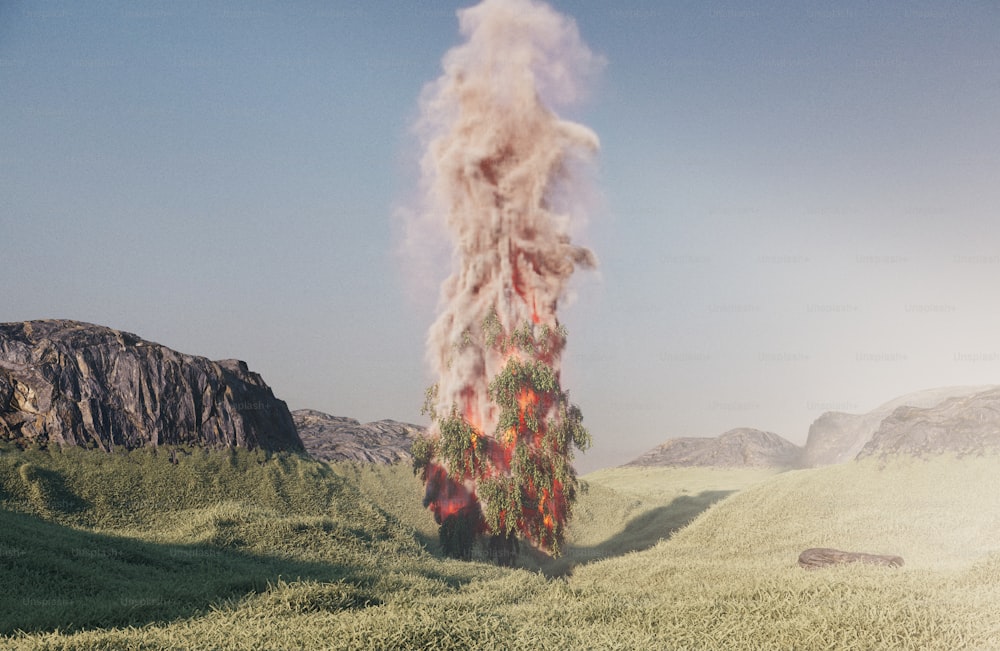 a large plume of smoke coming out of a tree