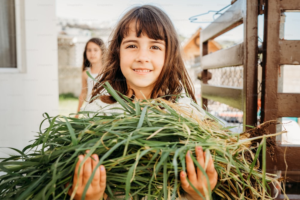 a little girl holding a bunch of grass