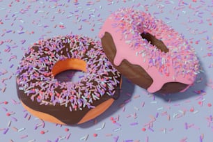 um par de donuts sentados em cima de uma mesa