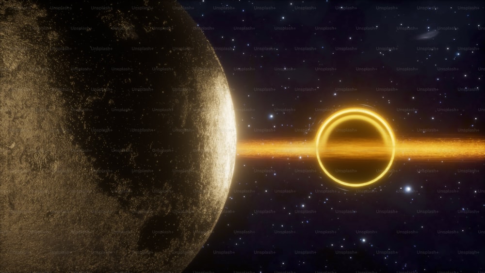 a impressão de um artista de um anel de fogo entre uma lua e uma estrela