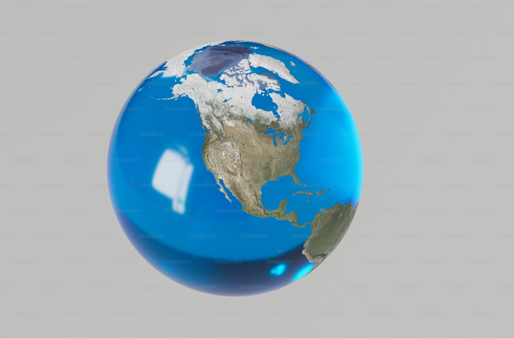a blue and white globe with a gray background