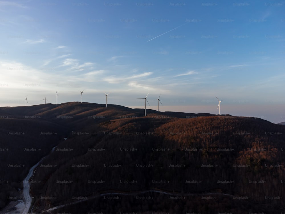 um grupo de turbinas eólicas em uma colina