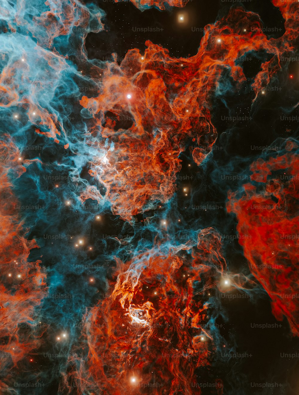 a large cluster of red and blue stars