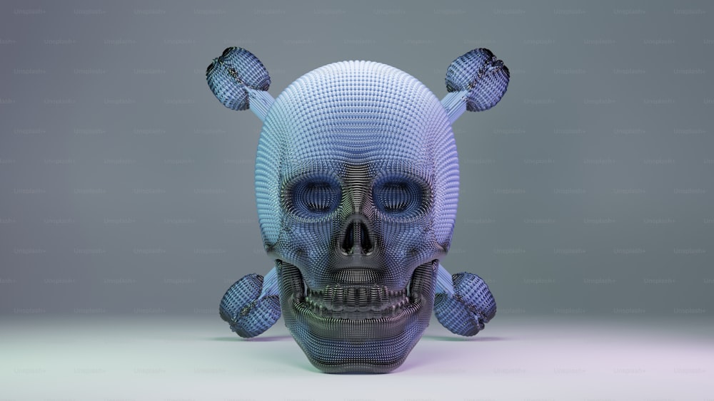 a blue and white skull sitting on top of a table