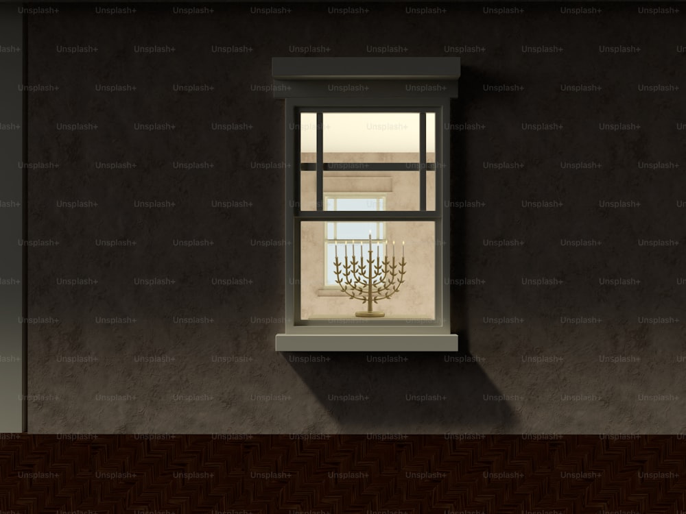 una ventana con una lámpara de araña colgando de su lado