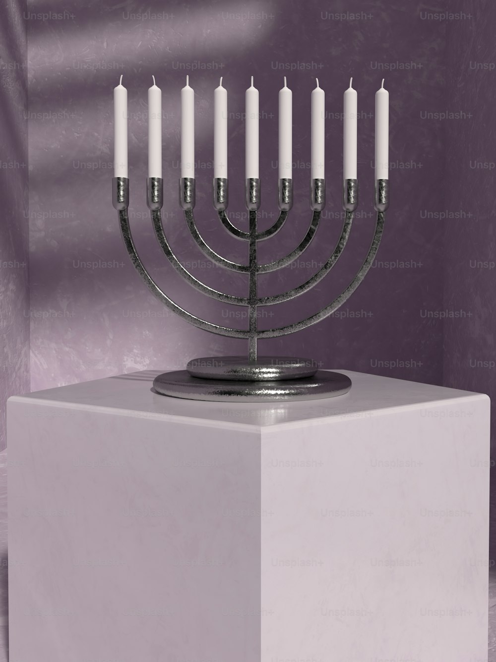a hanukkah menorah on a pedestal in front of a purple