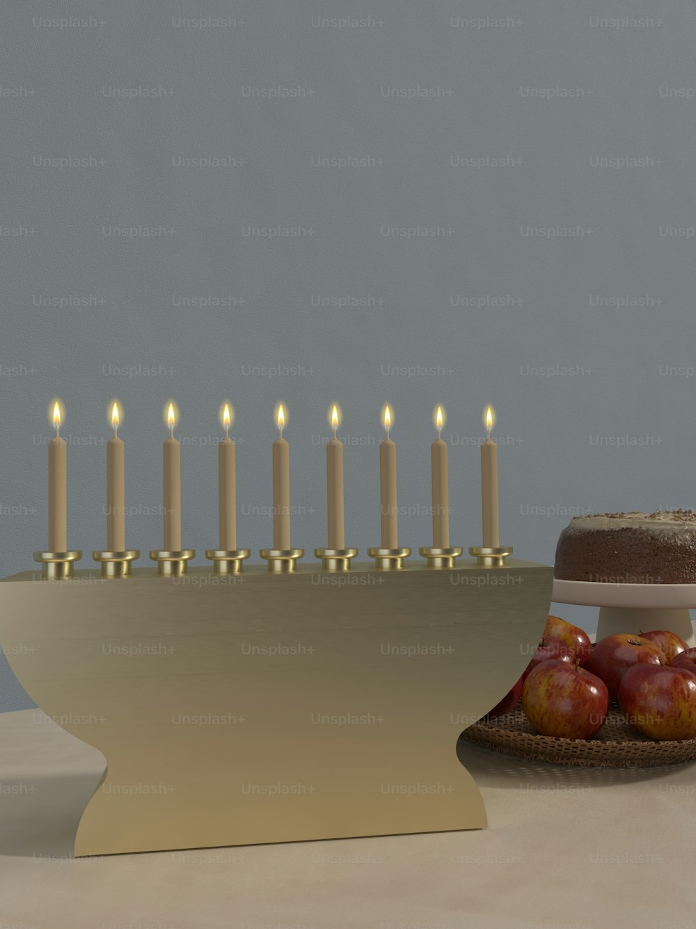 ein Kuchen auf einem Tisch neben einem Teller mit Äpfeln