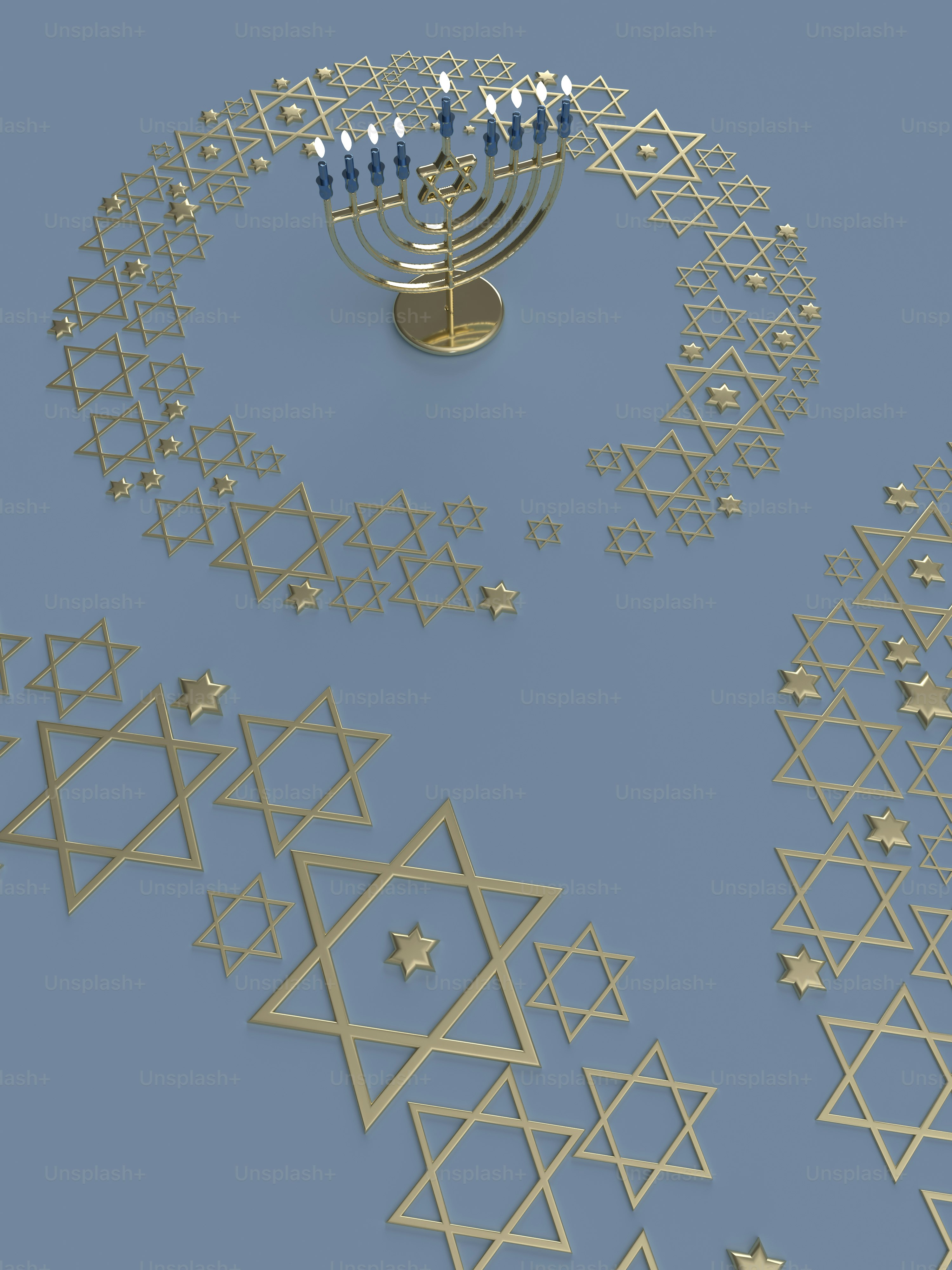 a golden menorah surrounded by stars of david