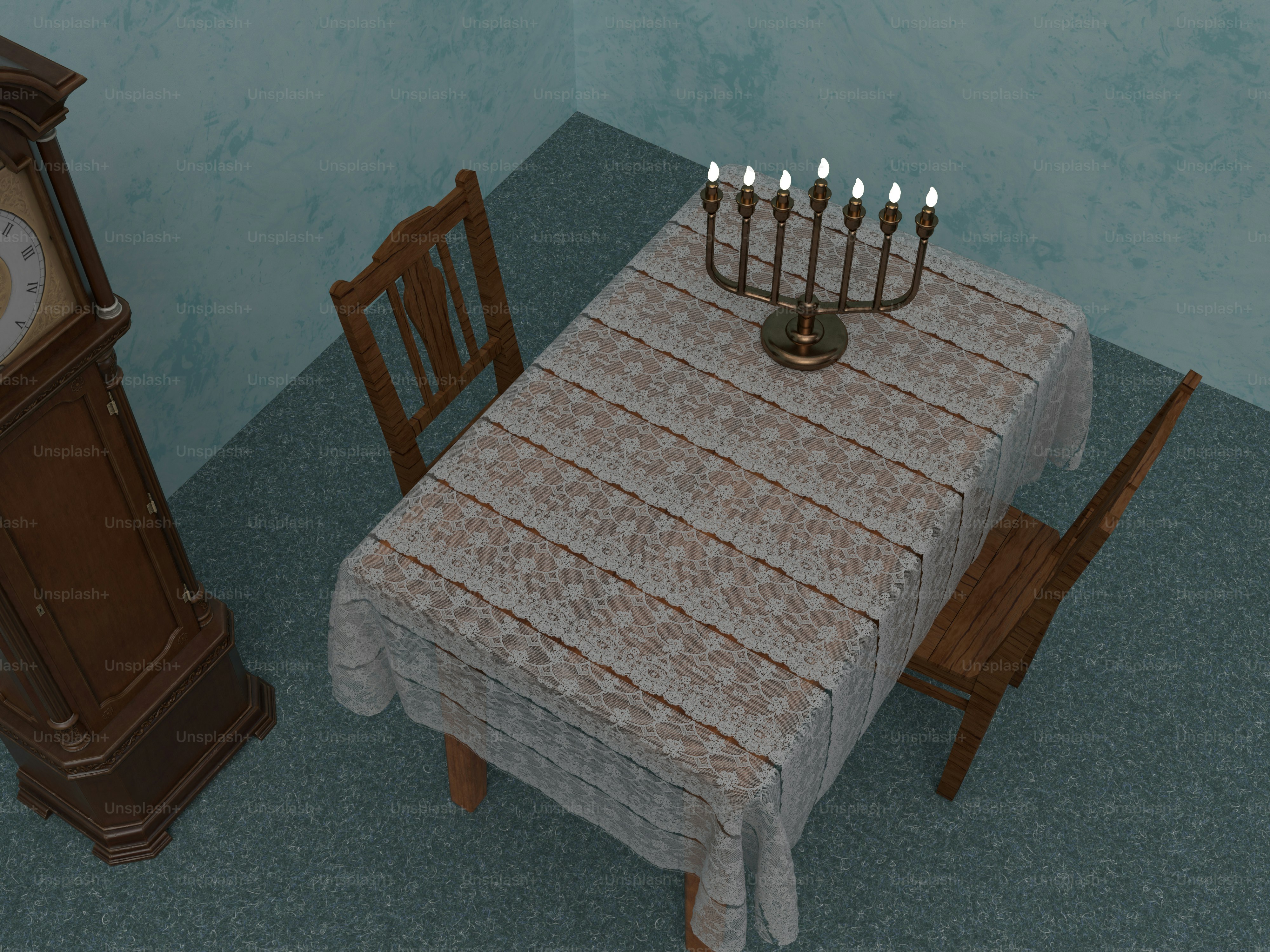 a table with a table cloth with candles on it