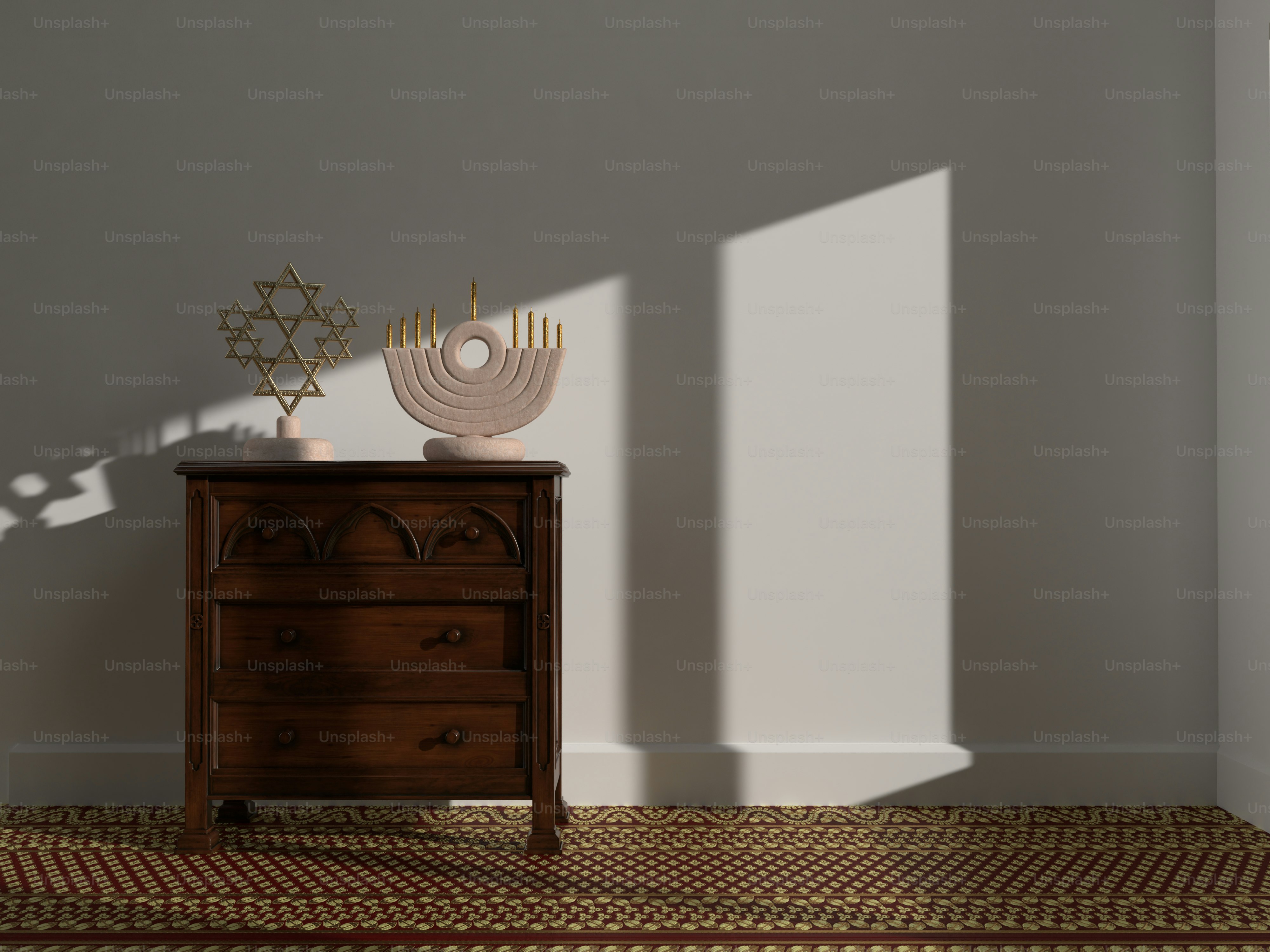 a wooden dresser sitting on top of a carpet covered floor