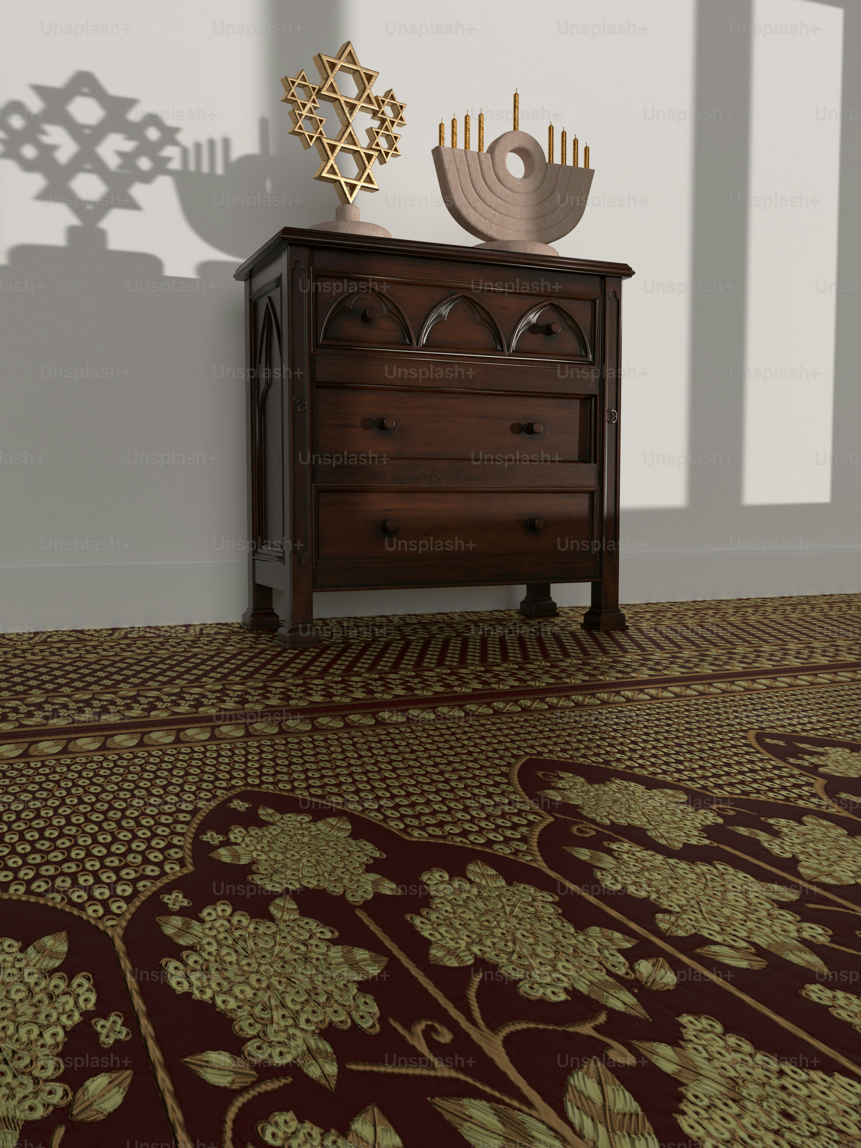 a room with a rug, a dresser and a star of david